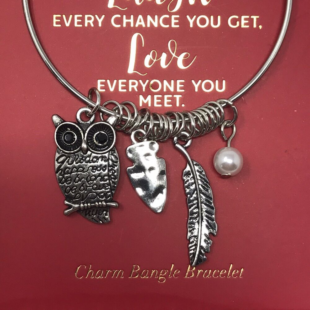 Charm Bangle Bracelet Silver-tone Owl, Arrow Head, and Feather - Picture 2 of 3